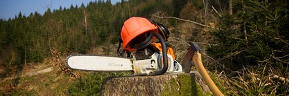 Motorsäge mit Helm und Axt auf Baumstumpf